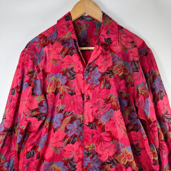 Vintage LizWear Womens Button Up Blouse Small Red Pink Floral Cotton 80s 90s - Picture 2 of 15